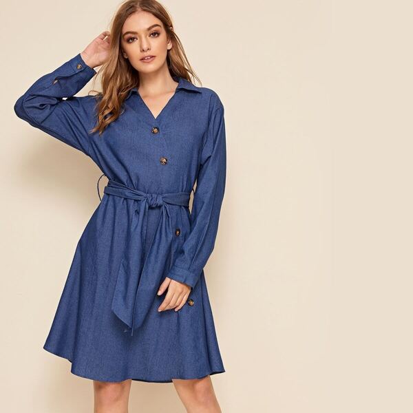 

V-neck Button Front Self Tie Dress