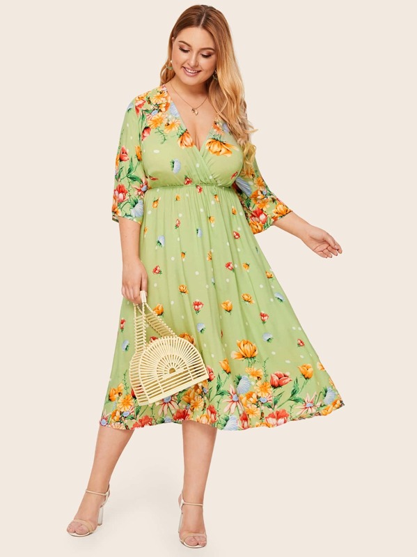 

Plus Floral Print High Waist Deep V-neck Dress, Multicolor, Nora