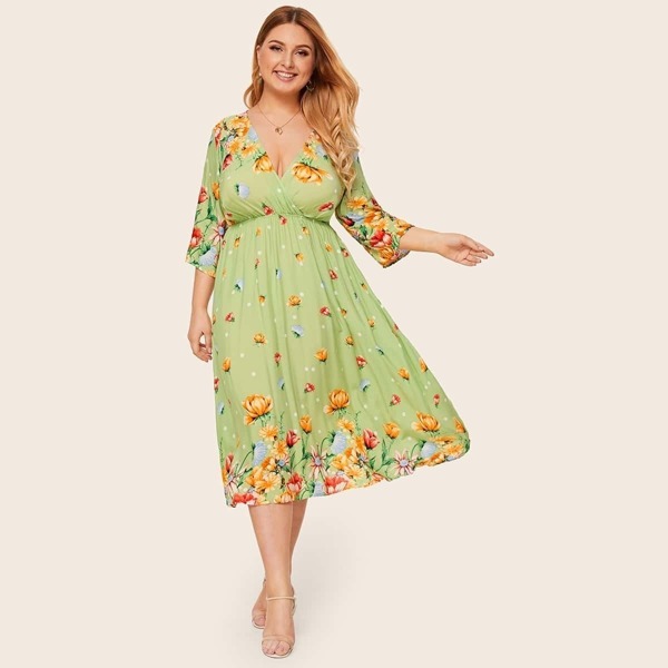 

Plus Floral Print High Waist Deep V-neck Dress, Multicolor