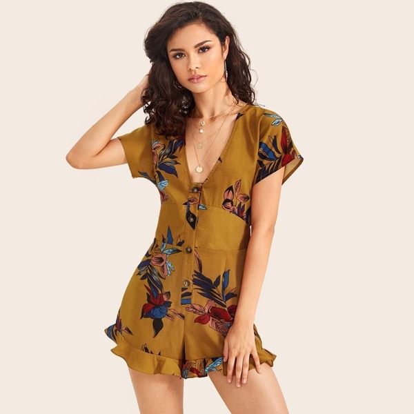 

Floral Print Button Front Ruffle Hem Romper