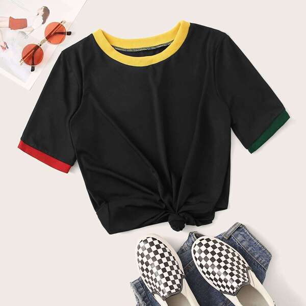 

Round Neck Contrast Binding Tee, Black