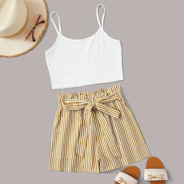 

Rib-Knit Crop Cami Top With Striped Belted Shorts