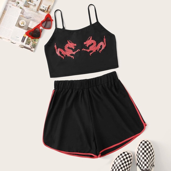 

Dragon Print Crop Cami Top With Contrast Trim Shorts