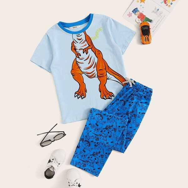 

Boys Contrast Neck Dinosaur Print Tee and Pants PJ Set