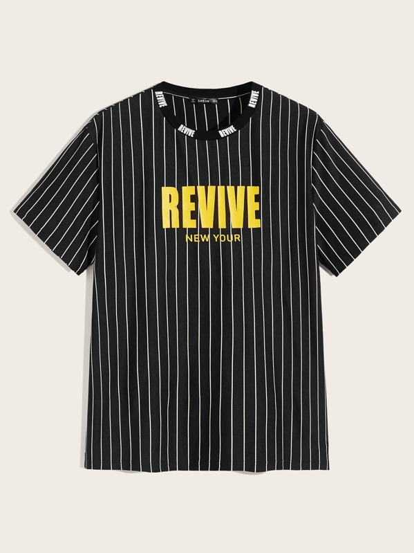 

Men Letter and Striped Tee, Black