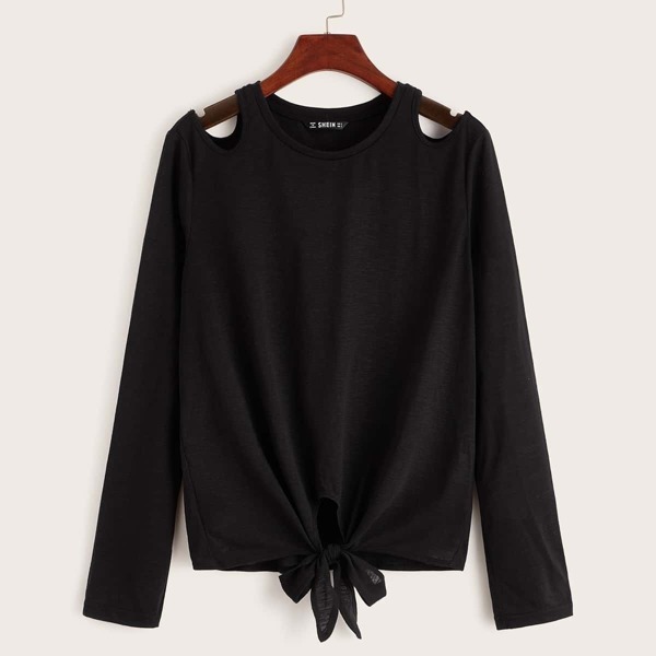 

Cutout Shoulder Tie Hem Solid Tee