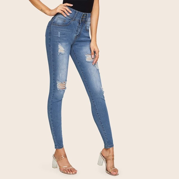 

Washed Ripped Button Detail Skinny Jeans