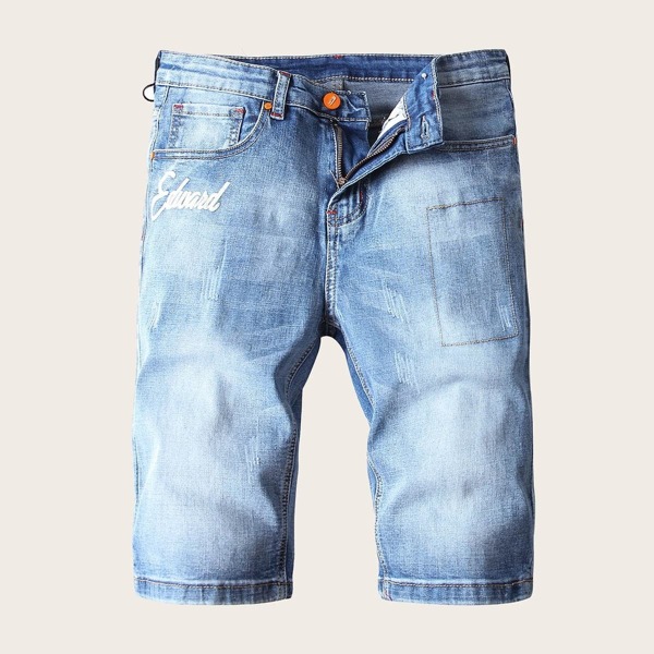 

Men Letter Print Patched Denim Shorts, Blue