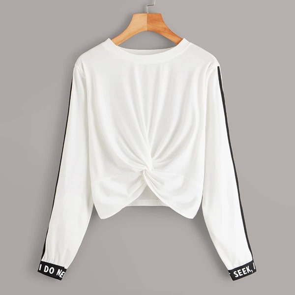 

Side Stripe Letter Tape Cuff Twist Hem Tee, White