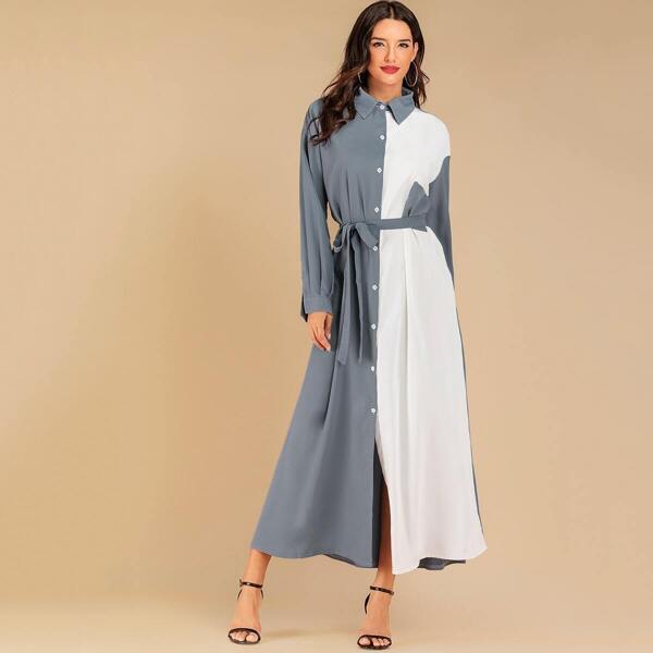 

Pocket Patched Belted Spliced Shirt Dress
