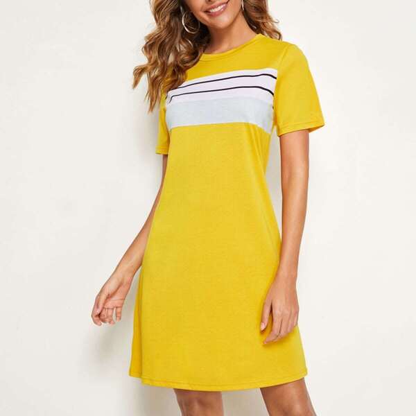 

Striped Color-block Tee Dress, Yellow