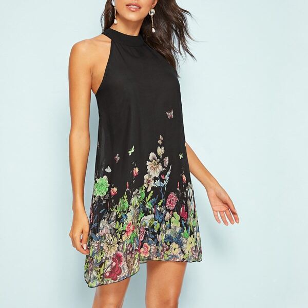 

Floral Print Halter Neck Tunic Dress, Multicolor