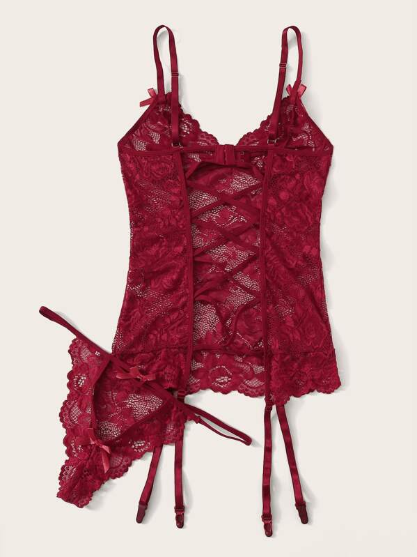

Floral Lace Crisscross Sheer Lingerie Set, Burgundy