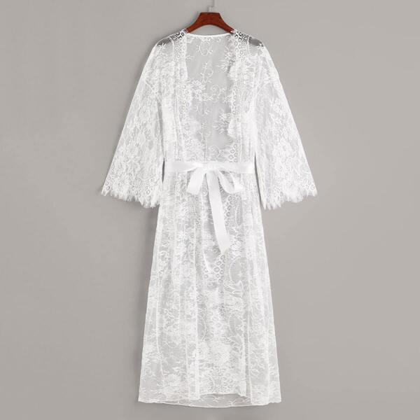 

Eyelash Lace Self Belted Sheer Robe, White