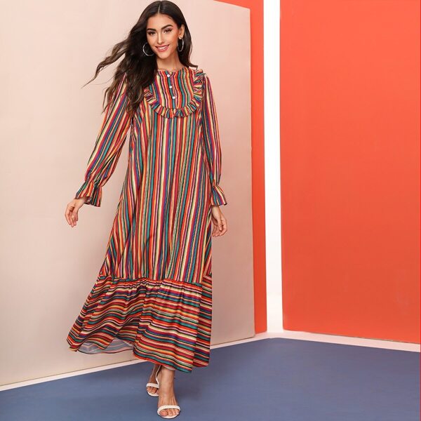

Colorful Stripe Ruffle Trim Dress