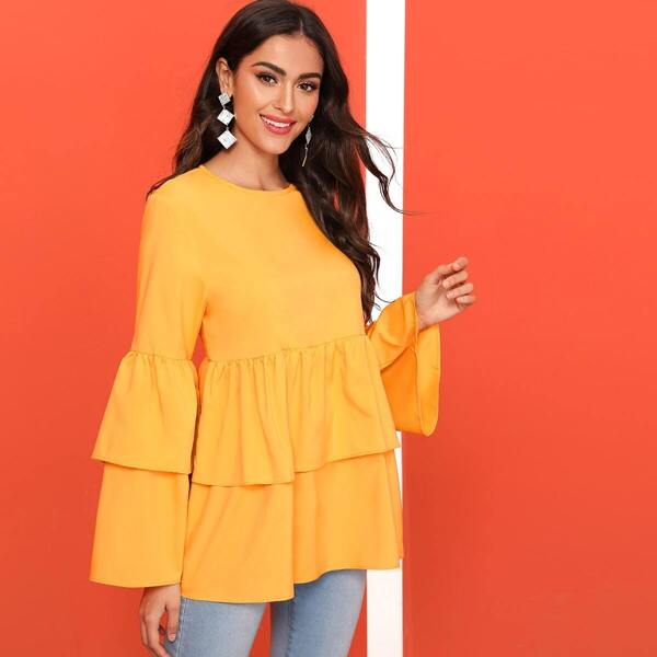 

Layered Ruffle Hem Keyhole Back Blouse