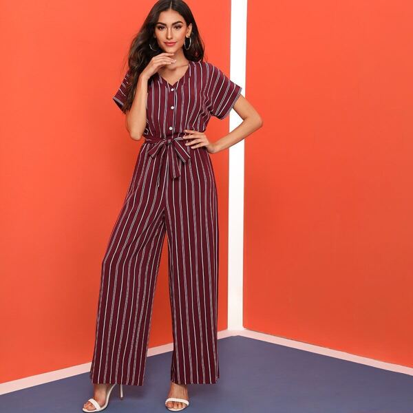 

Striped Belted V Neck Jumpsuit, Burgundy