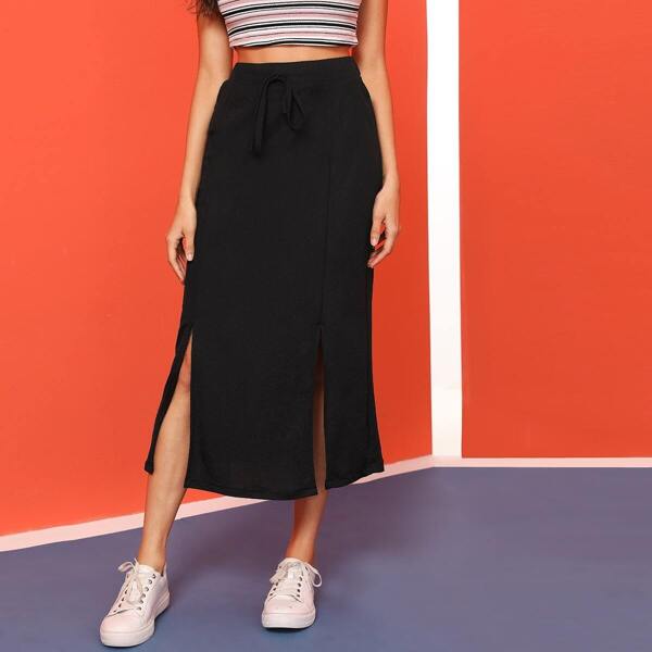 

Solid Split Tie Front Skirt