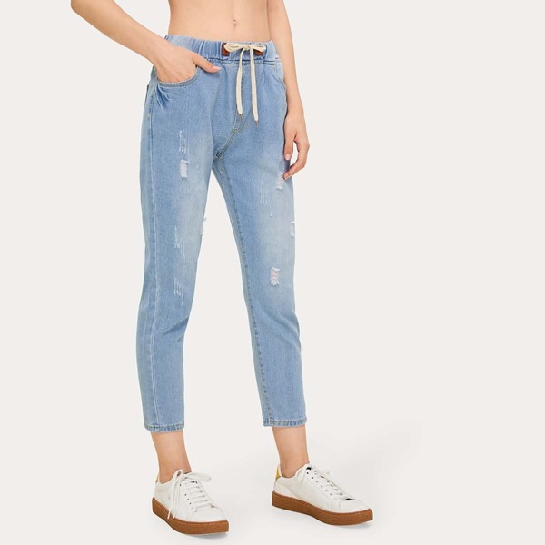 

Drawstring Waist Ripped Basic Jeans