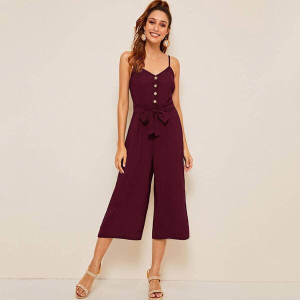 

Button Front Solid Belted Cami Jumpsuit, Burgundy