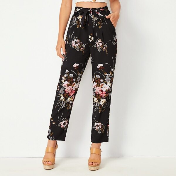 

Floral Print Straight Leg Belted Pants