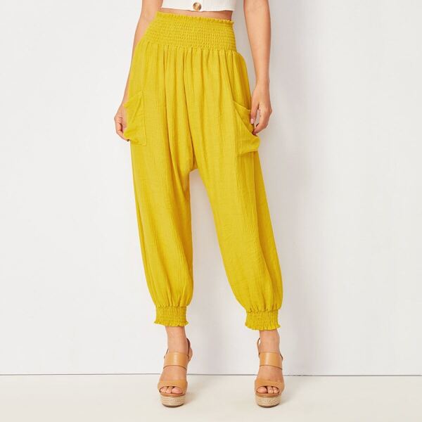 

Shirred Waist Pocket Side Solid Pants