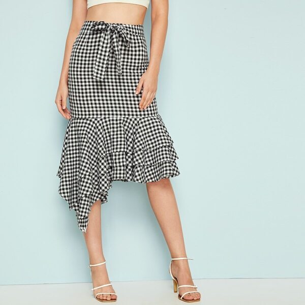 

Gingham Layer Ruffle Hem Belted Skirt