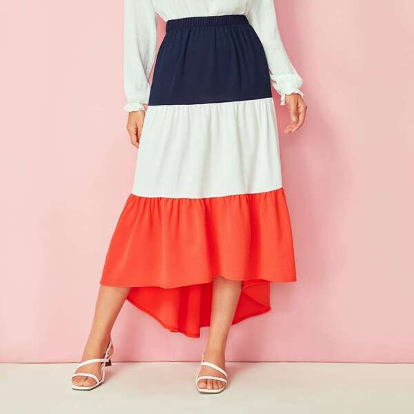 

Elastic Waist Cut And Sew Dip Hem Skirt, Multicolor