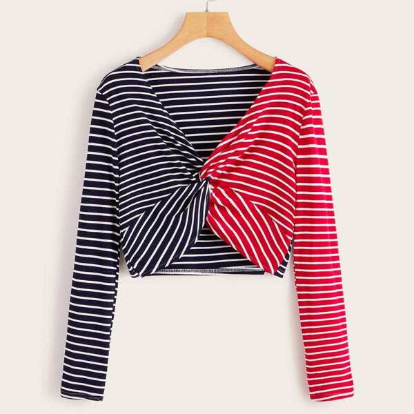 

Striped Colorblock Twist Crop Tee