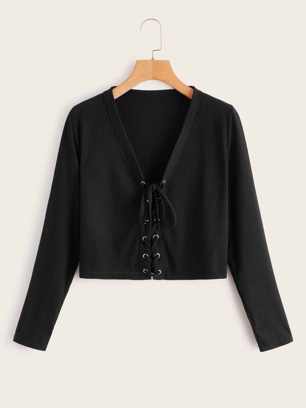 

Ribbed Lace-up Crop Tee, Black