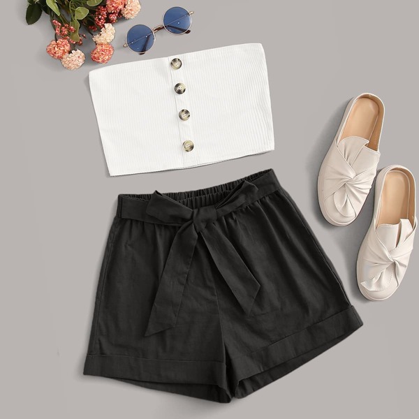 

Ribbed Button Front Tube Top With Tie Front Shorts, Black and white