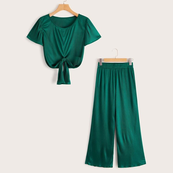 

Ribbed Tie Front Top With Wide Leg Pants