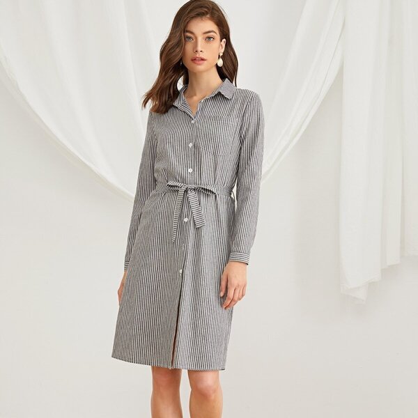 

Vertical Striped Self Tie Shirt Dress