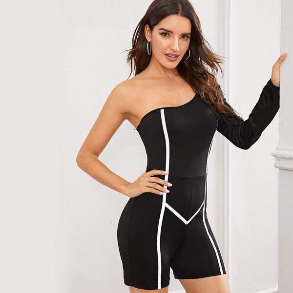 

Contrast Reflective Striped One Shoulder Romper