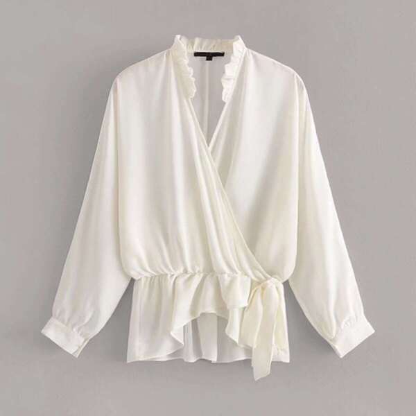 

Surplice Front Frill Asymmetrical Hem Tie Side Blouse, White