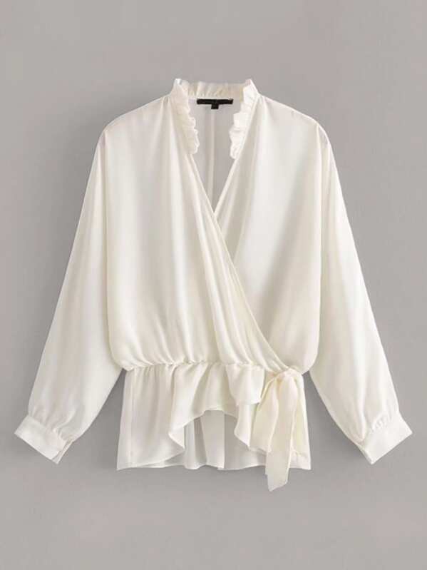 

Surplice Front Frill Asymmetrical Hem Tie Side Blouse, White