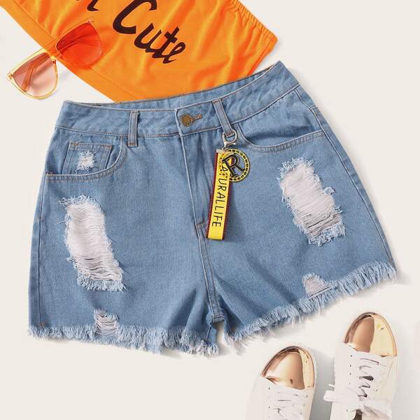 

Plus Ladder Distressed Raw Hem Denim Shorts, Blue
