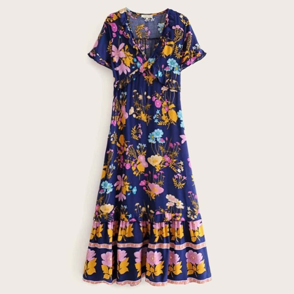 

V-neck Tribal And Ditsy Floral Print Flounce Sleeve Dress