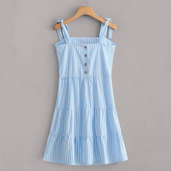 

Striped Button Front Knot Ruffle Hem Pinafore Dress