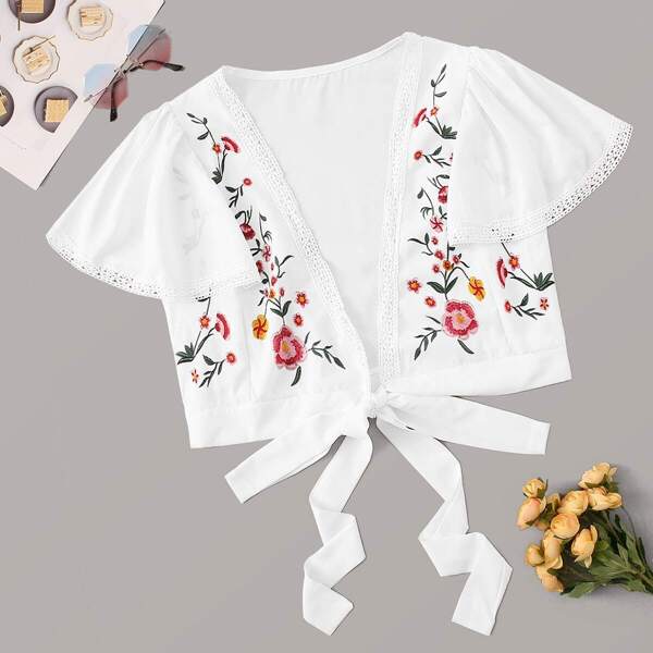 

Plus Floral Embroidered Tie Front Contrast Lace Top