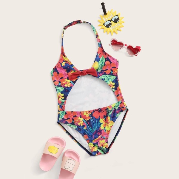 

Girls Floral Cut-out Front Halter One Piece Swim, Multicolor