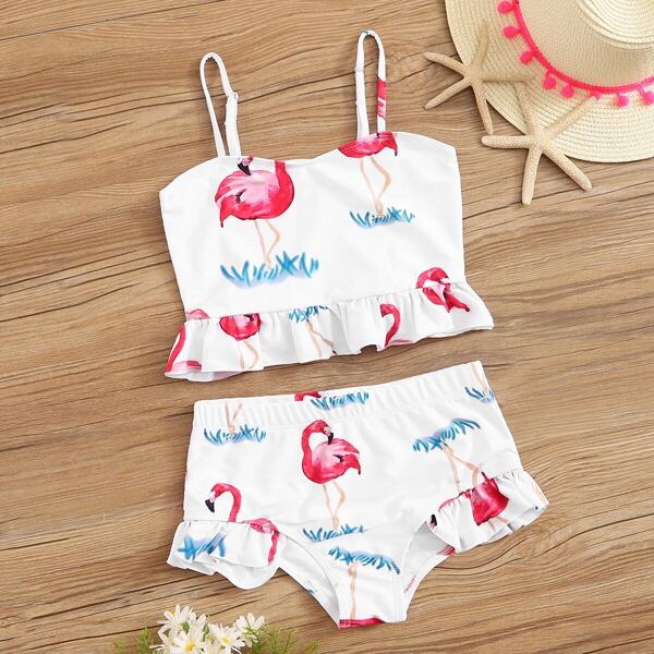 

Girls Random Flamingo Print Ruffle Hem Bikini Set