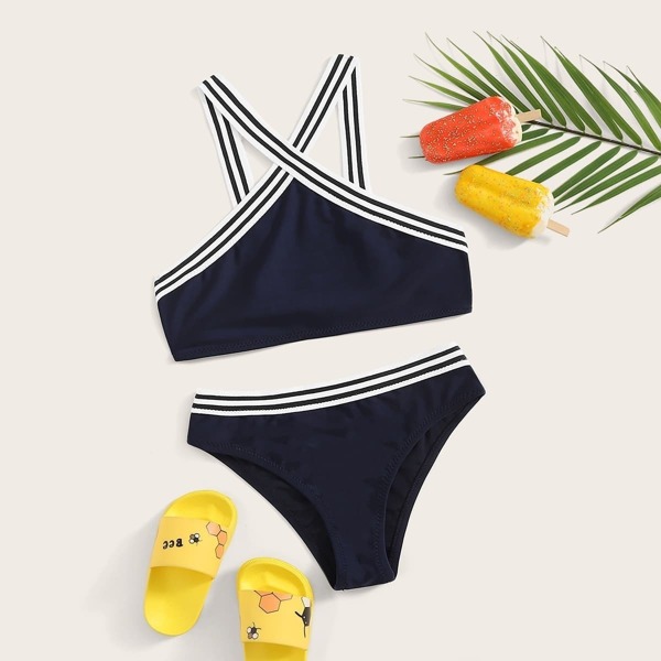 

Girls Striped Trim Crisscross Top With Panty Bikini