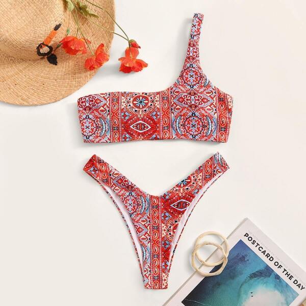 

Tribal One Shoulder Top With High Cut Bikini
