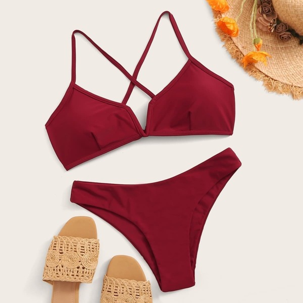 

V-cut Lace Up Back Top With Cheeky Bikini Set
