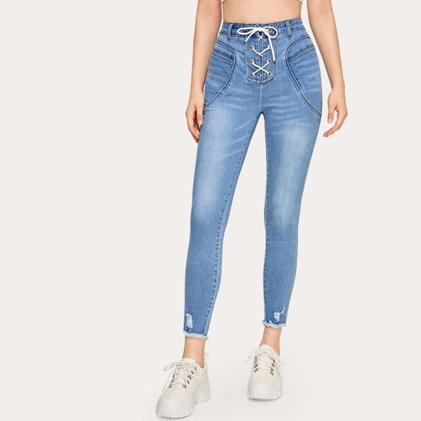 

Lace Up Raw Hem Ripped Skinny Jeans