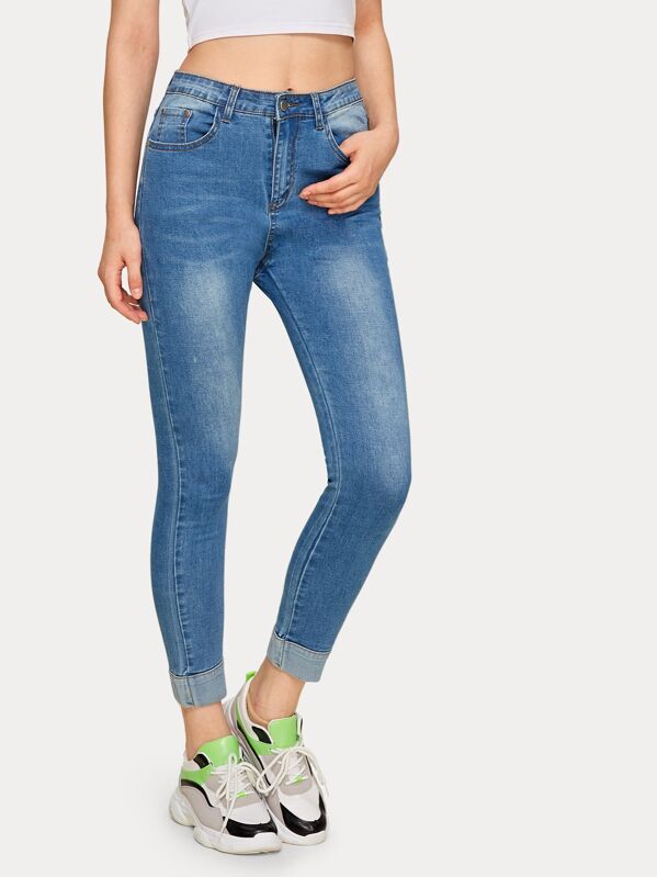 

Roll Hem Solid Skinny Jeans, Blue, Aleksandra J