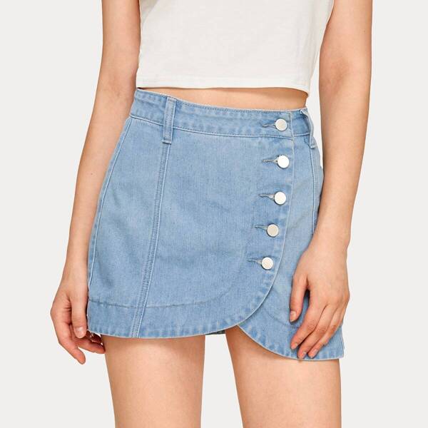 

Button Front Asymmetrical Hem Denim Skirt, Blue