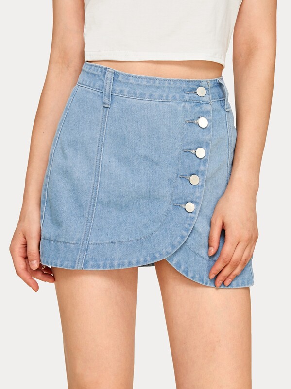 

Button Front Asymmetrical Hem Denim Skirt, Blue, Aleksandra J