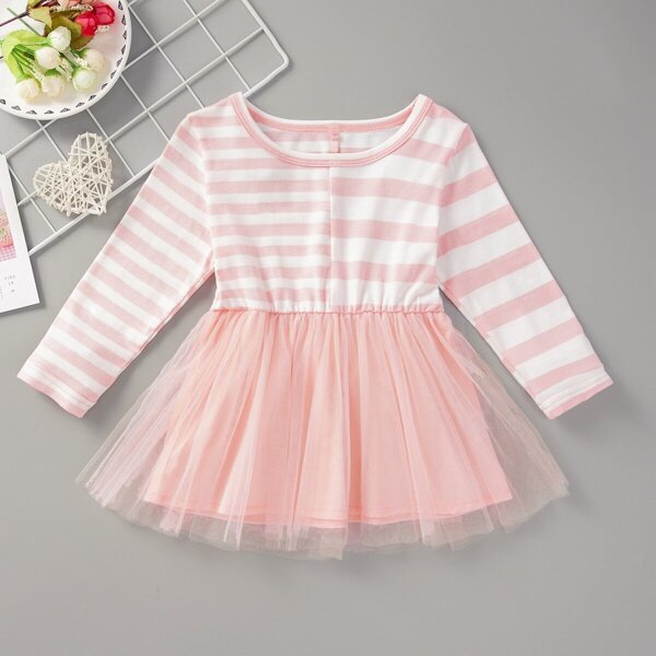 

Baby Girl Contrast Mesh Striped A-line Dress